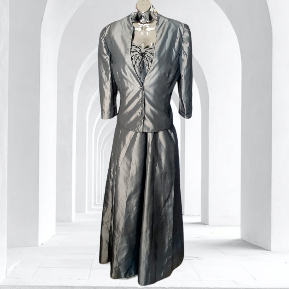 KAREN MILLER NY Metallic Pewter Satin Beaded Ball Gown with Matching Jacket